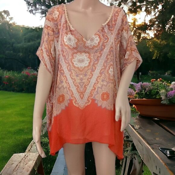 Maeve Anthropologie Silk Blouse L Nalina Handkerchief Kimono Flowy Bohemian Rust - Picture 15 of 16